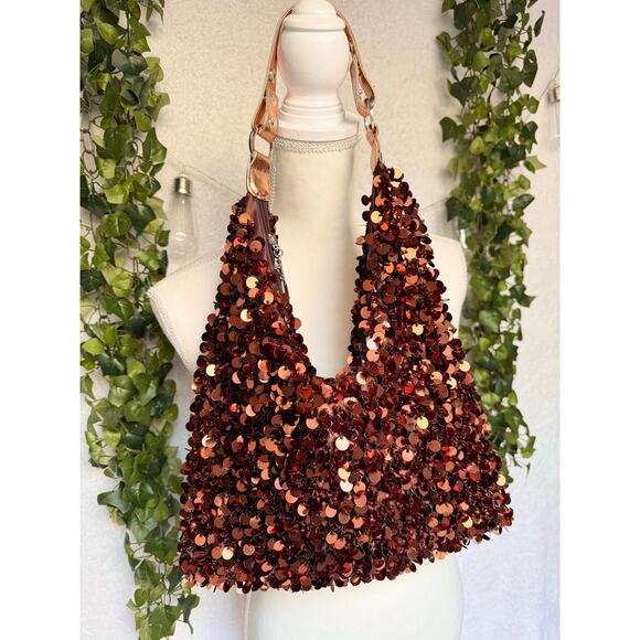 Y2K Sequin Shaggy Shoulder Bag Purse Brown Shiny Sparkly - Picture 1 of 13
